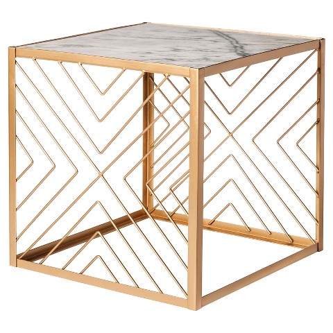 Square gold accent table with marble